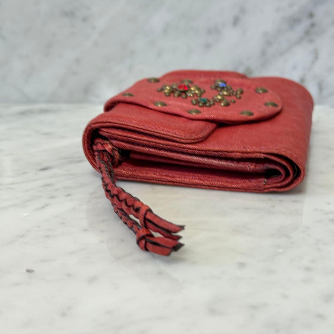 美品 ANNA SUI アナスイ 三つ折り財布 本革 レザー スタッズ レッド