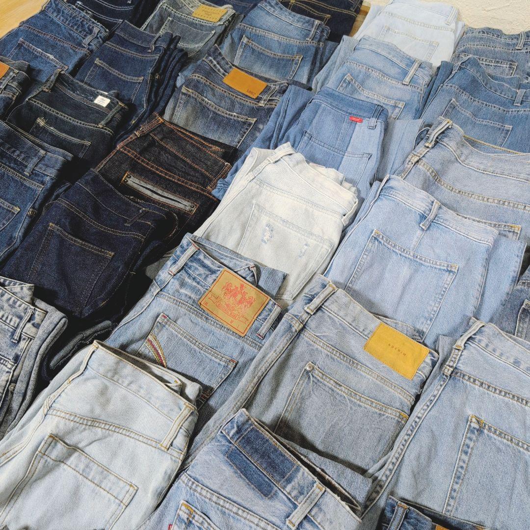 綿100%デニムパンツ まとめ売り40本セット リメイク素材 リペア生地 はぎれ