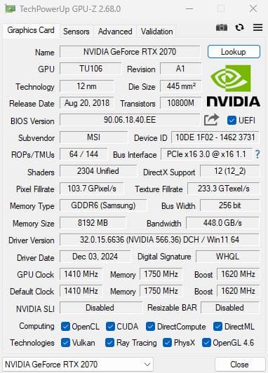 MSI GeForce RTX 2070 VENTUS 動作品