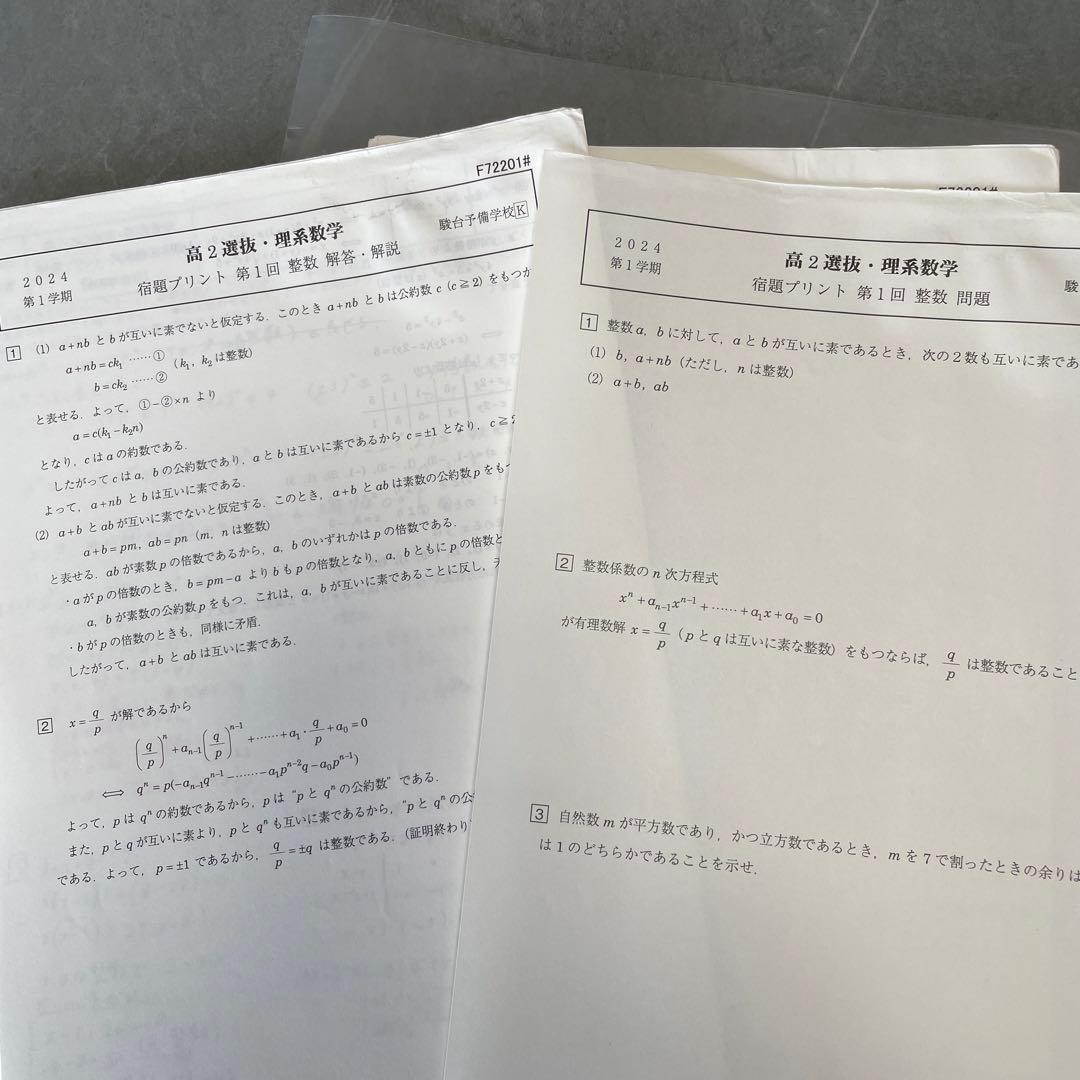 駿台　選抜理系数学（高2) テキスト•宿題プリント•テスト•板書セット