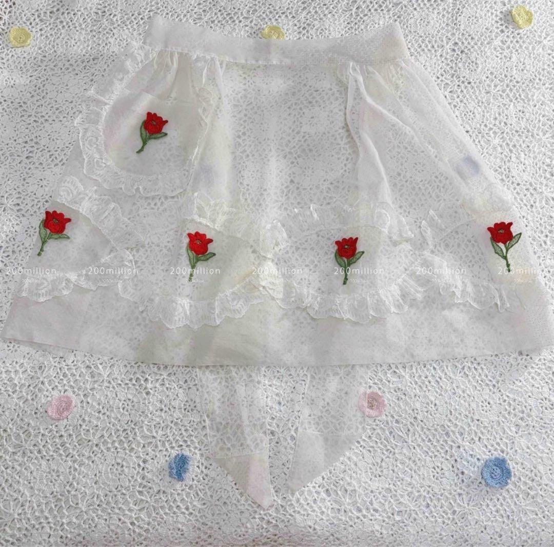 ヴィンテージ　古着　エプロン　vintage レース　花刺繍　トッド　ホワイト