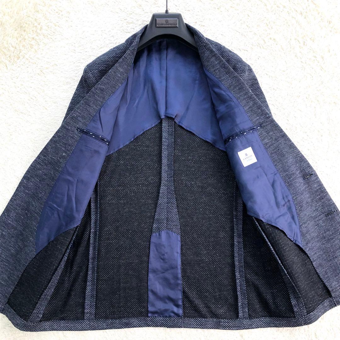 美品 ランバン リネン100％ ニット テーラードジャケット 48/L ネイビー