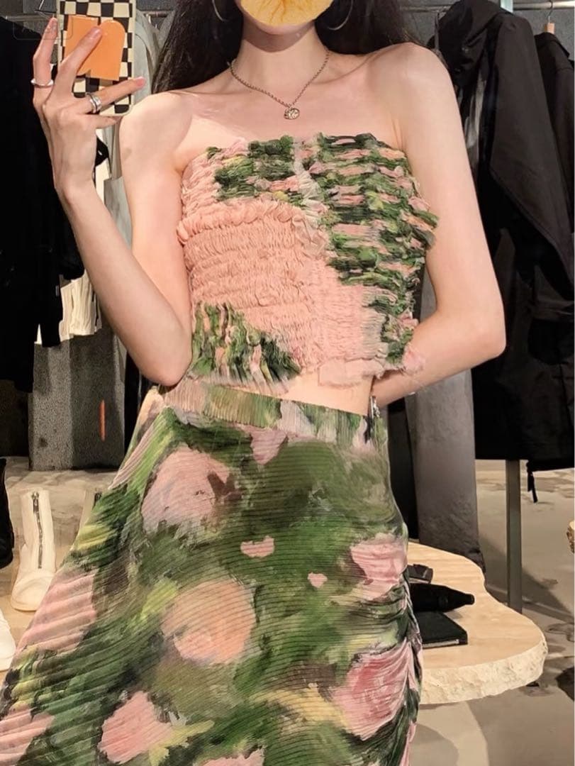 Caroline hu 油絵風デザイン 一点物 レディース チューブトップ