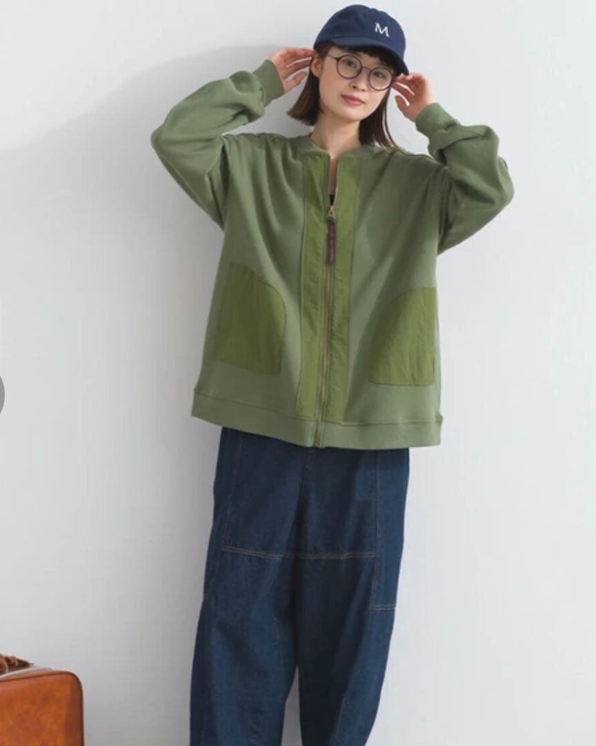 ♡せのん♡サン 異素材 切替 ポンチ ZIP ブルゾン カーキ リメイクあり