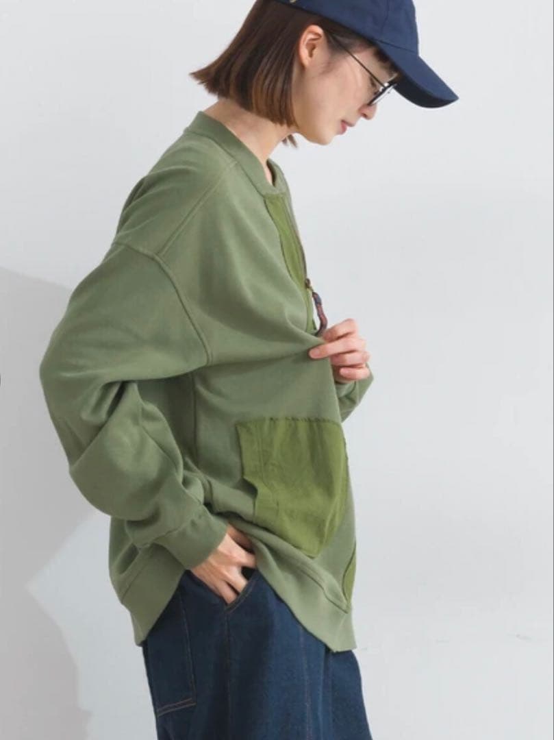 ♡せのん♡サン 異素材 切替 ポンチ ZIP ブルゾン カーキ リメイクあり