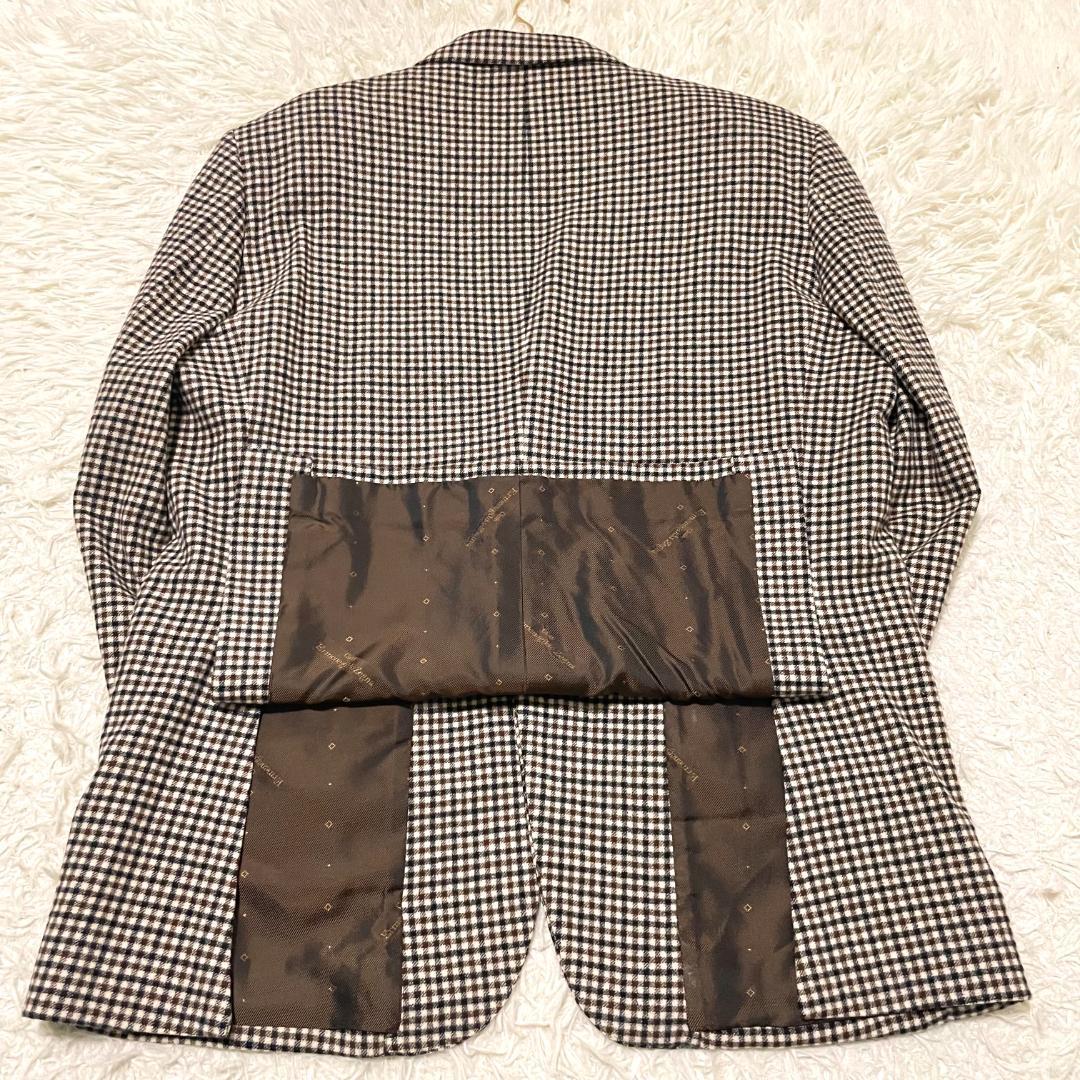 極美品 XL相当 ゼニア カシミヤ100% ブラウン チェック柄 裏地ロゴ総柄