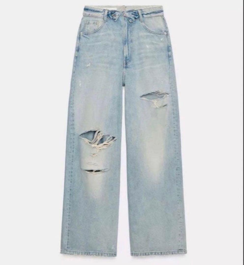 ZARA ミッドライズ折り返しウエストデニムパンツ 34サイズ