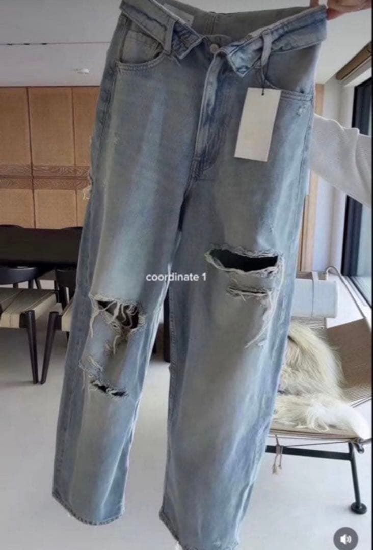 ZARA ミッドライズ折り返しウエストデニムパンツ 34サイズ