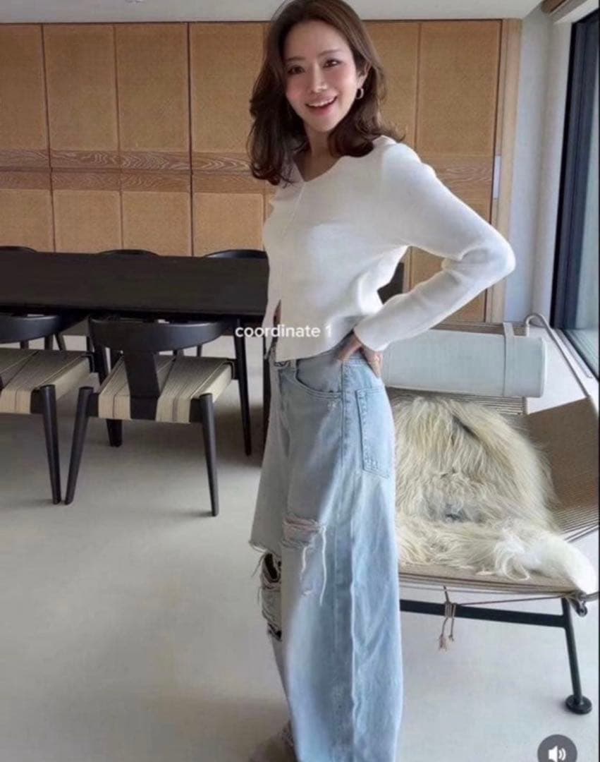 ZARA ミッドライズ折り返しウエストデニムパンツ 34サイズ