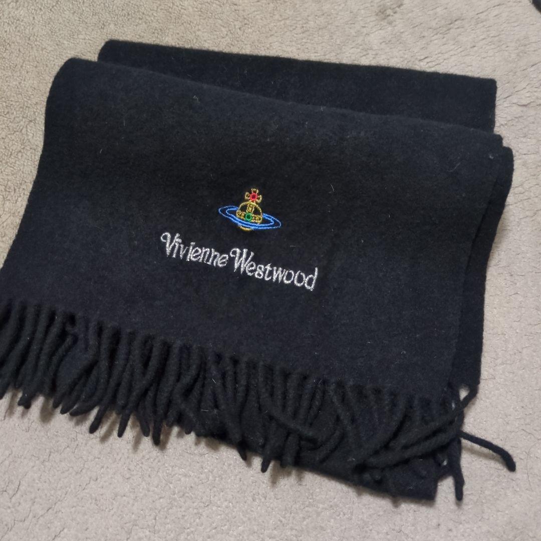 希少美品Vivienne Westwood ブラックマフラー ウール　刺繍ロゴ