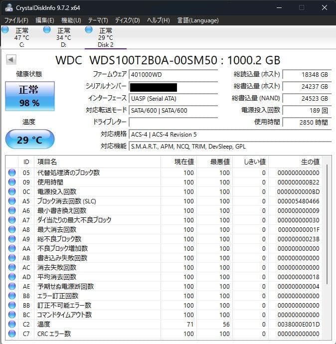 WD Blue SATA SSD 1TB 使用時間2850時間