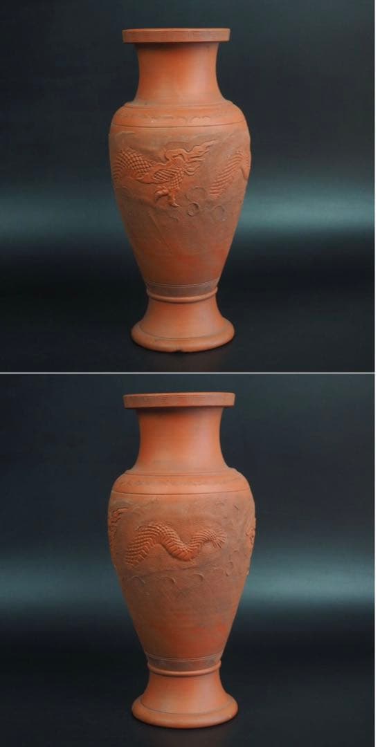 送料無料　時代物　雲龍紋彫刻朱泥花瓶　高さ31ｃｍ