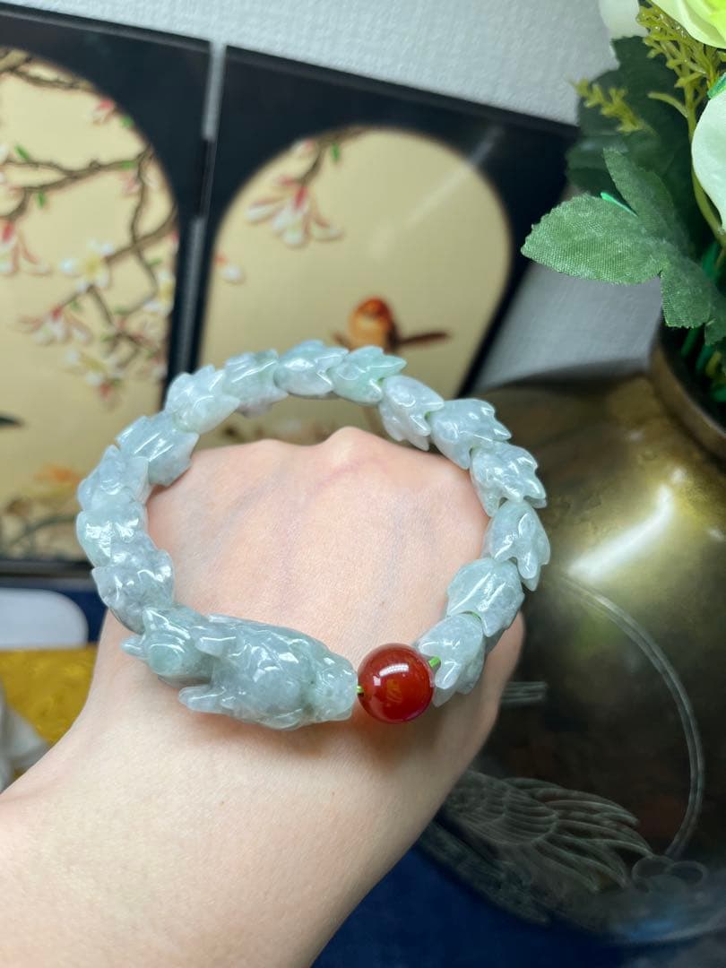 大開運❣️個性的❣️天然A貨翡翠　魔除け厄除け　特色氷種緑乌鶏蛇骨ブレス　鑑定書付き