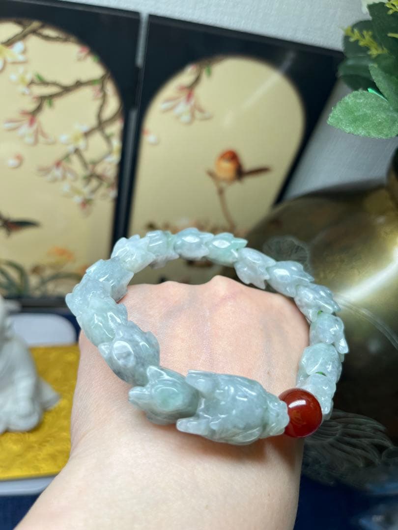 大開運❣️個性的❣️天然A貨翡翠　魔除け厄除け　特色氷種緑乌鶏蛇骨ブレス　鑑定書付き