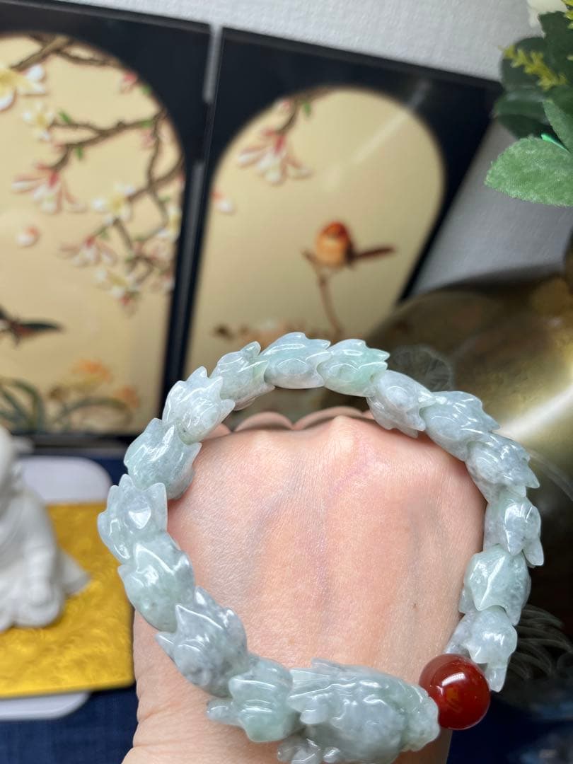 大開運❣️個性的❣️天然A貨翡翠　魔除け厄除け　特色氷種緑乌鶏蛇骨ブレス　鑑定書付き