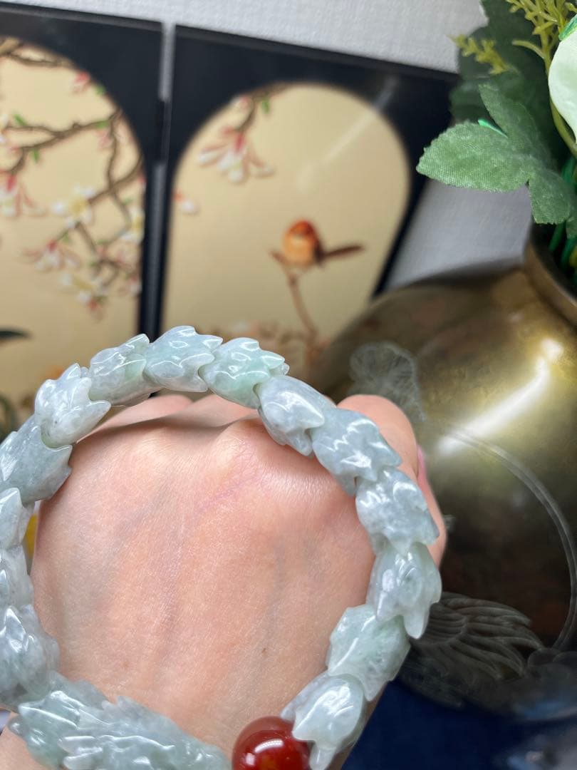 大開運❣️個性的❣️天然A貨翡翠　魔除け厄除け　特色氷種緑乌鶏蛇骨ブレス　鑑定書付き