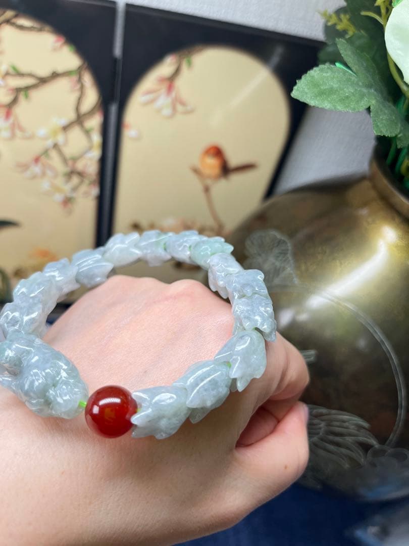 大開運❣️個性的❣️天然A貨翡翠　魔除け厄除け　特色氷種緑乌鶏蛇骨ブレス　鑑定書付き
