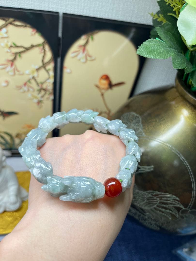 大開運❣️個性的❣️天然A貨翡翠　魔除け厄除け　特色氷種緑乌鶏蛇骨ブレス　鑑定書付き