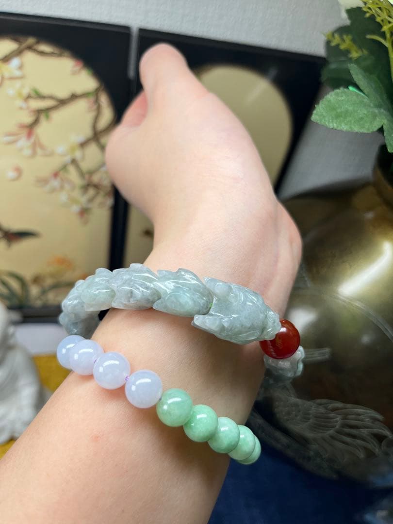 大開運❣️個性的❣️天然A貨翡翠　魔除け厄除け　特色氷種緑乌鶏蛇骨ブレス　鑑定書付き