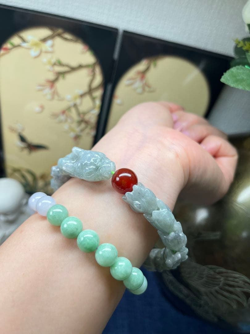 大開運❣️個性的❣️天然A貨翡翠　魔除け厄除け　特色氷種緑乌鶏蛇骨ブレス　鑑定書付き