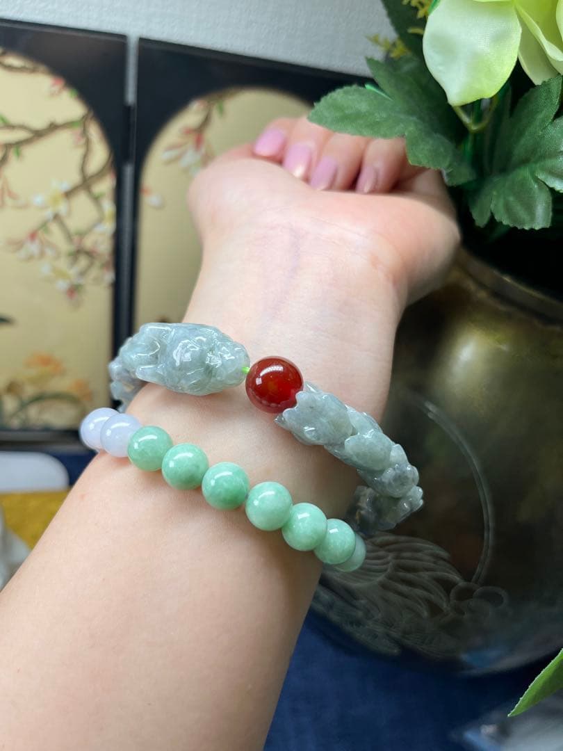 大開運❣️個性的❣️天然A貨翡翠　魔除け厄除け　特色氷種緑乌鶏蛇骨ブレス　鑑定書付き