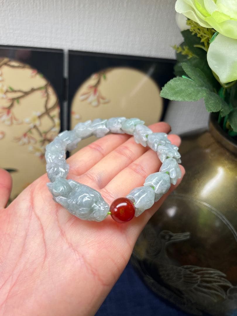大開運❣️個性的❣️天然A貨翡翠　魔除け厄除け　特色氷種緑乌鶏蛇骨ブレス　鑑定書付き