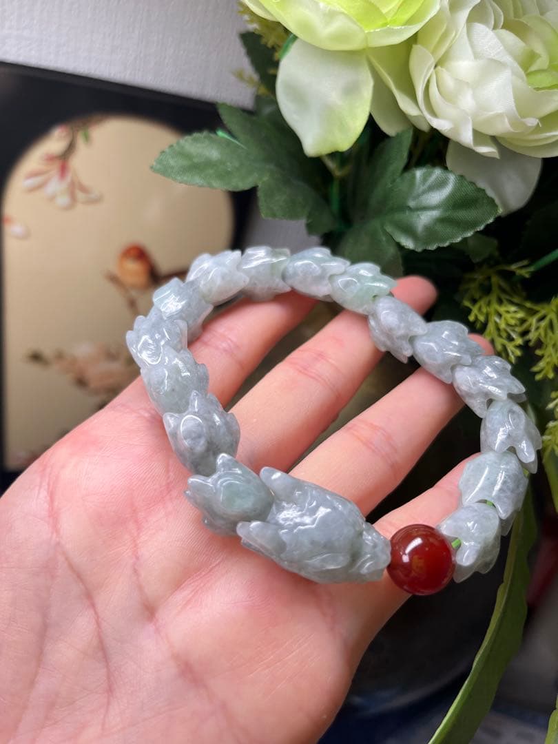 大開運❣️個性的❣️天然A貨翡翠　魔除け厄除け　特色氷種緑乌鶏蛇骨ブレス　鑑定書付き