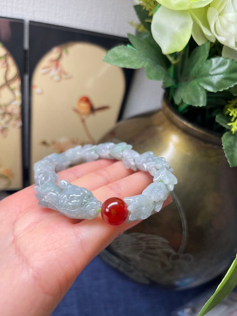 大開運❣️個性的❣️天然A貨翡翠　魔除け厄除け　特色氷種緑乌鶏蛇骨ブレス　鑑定書付き