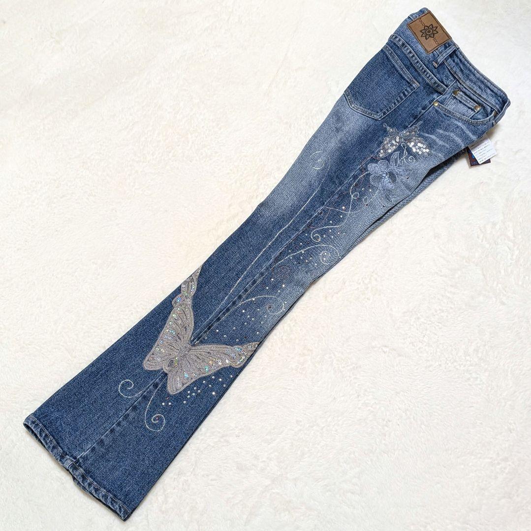 タグ付✨フレアデニム Ｌ 刺繍 ストーン ラメ 蝶 y2k 平成ギャルフェアリー