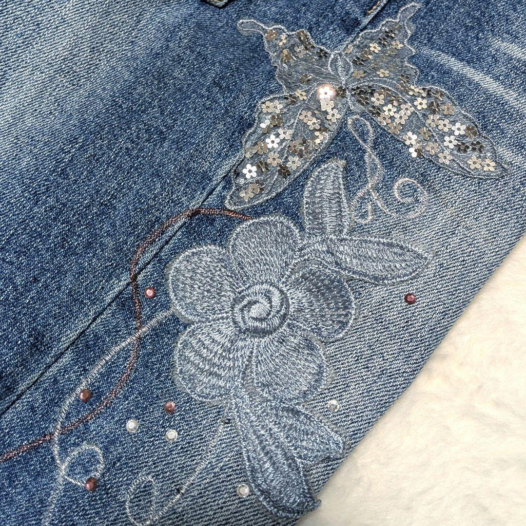 タグ付✨フレアデニム Ｌ 刺繍 ストーン ラメ 蝶 y2k 平成ギャルフェアリー