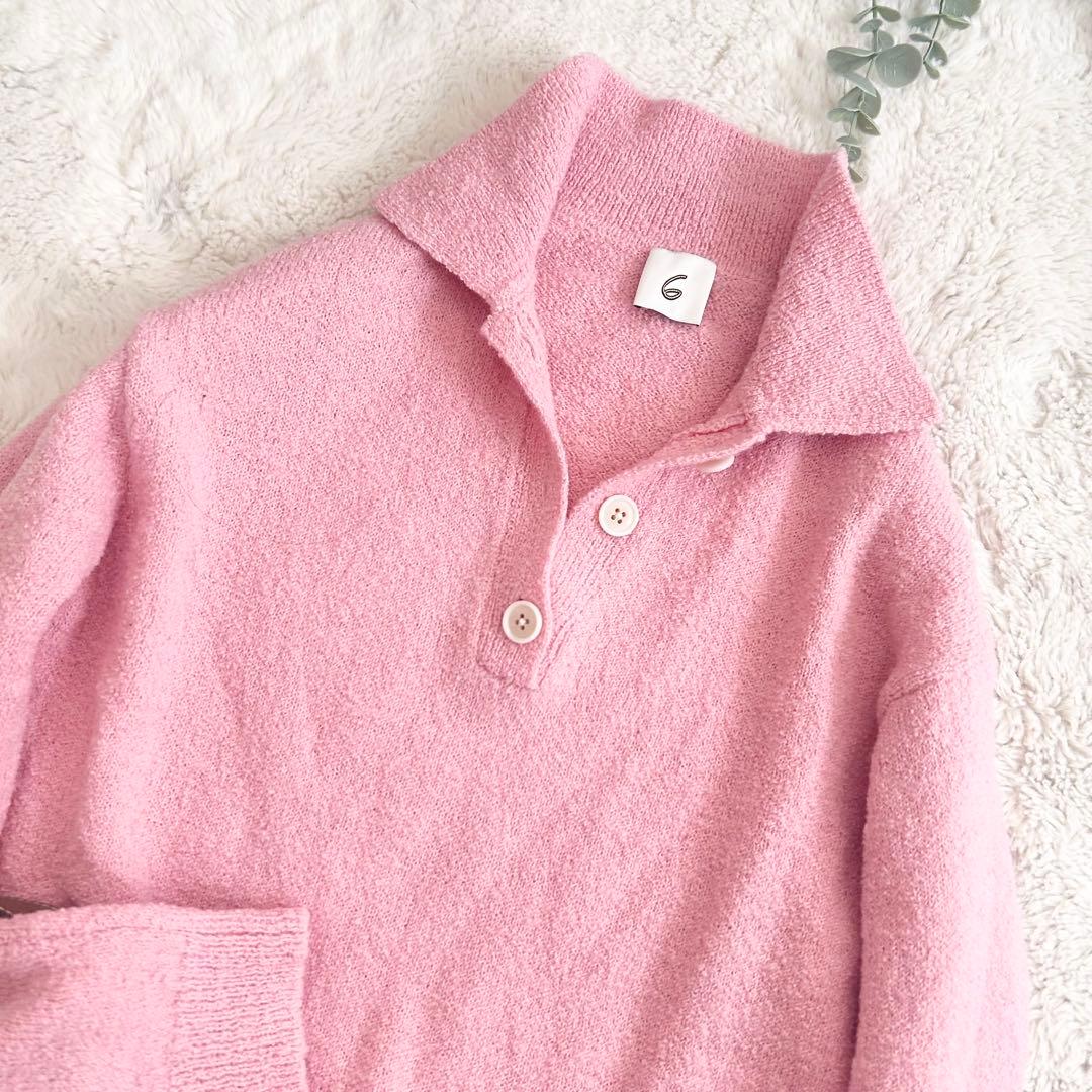 美品6 ROKU COLLAR KNIT ポロニット　ユナイテッドアローズピンク