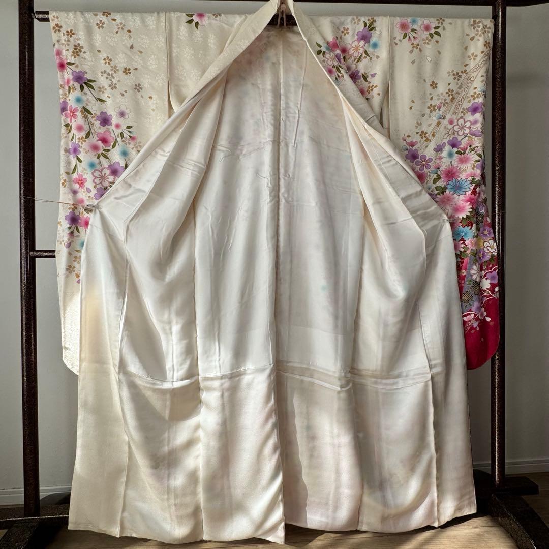 超美品　現代　振袖　成人式　着物　170裄70 白　ピンク　桜柄　トール