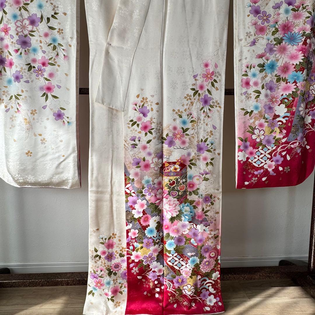 超美品　現代　振袖　成人式　着物　170裄70 白　ピンク　桜柄　トール