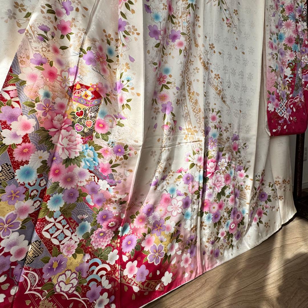 超美品　現代　振袖　成人式　着物　170裄70 白　ピンク　桜柄　トール