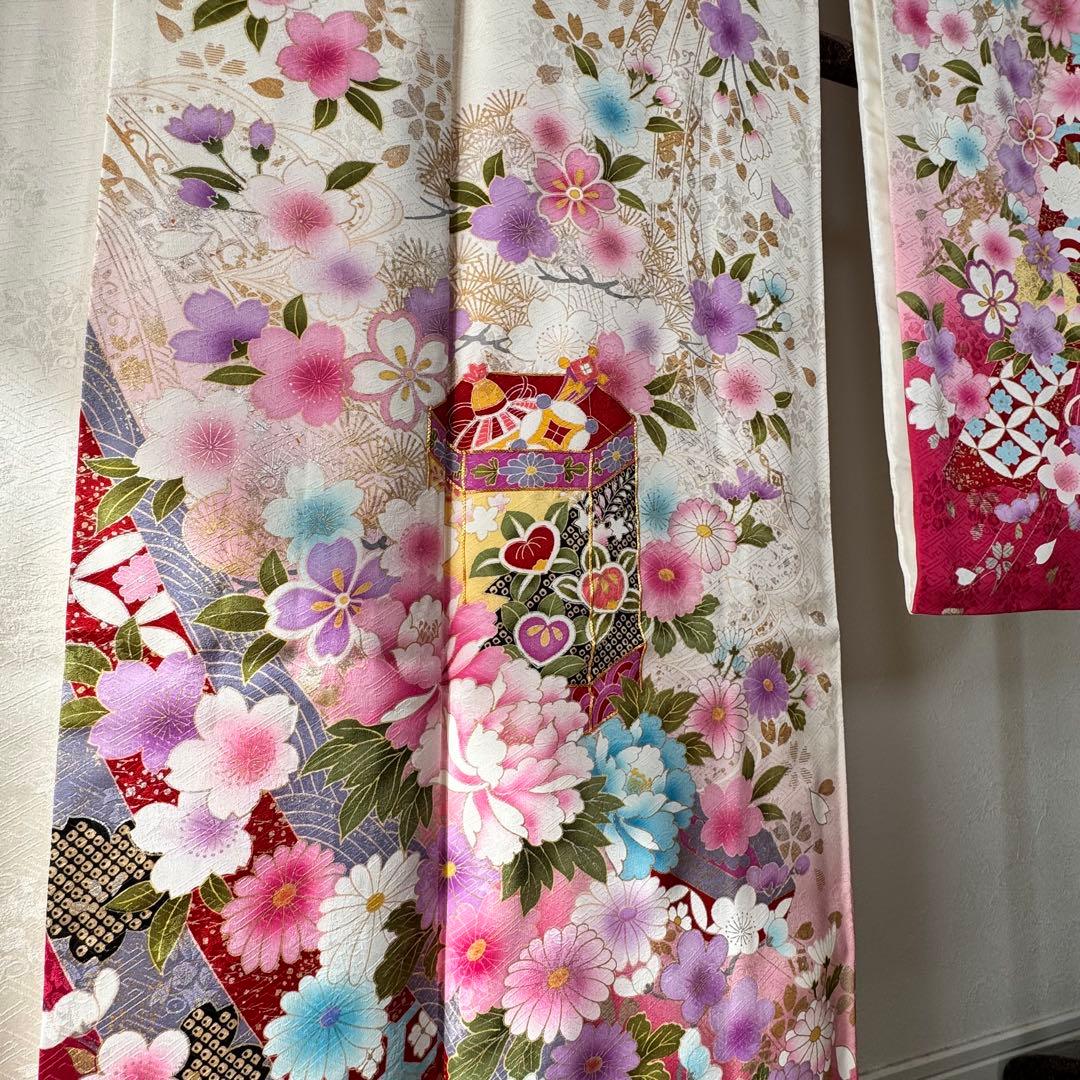 超美品　現代　振袖　成人式　着物　170裄70 白　ピンク　桜柄　トール