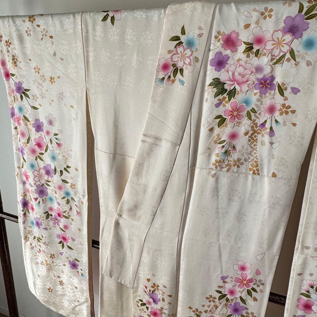超美品　現代　振袖　成人式　着物　170裄70 白　ピンク　桜柄　トール