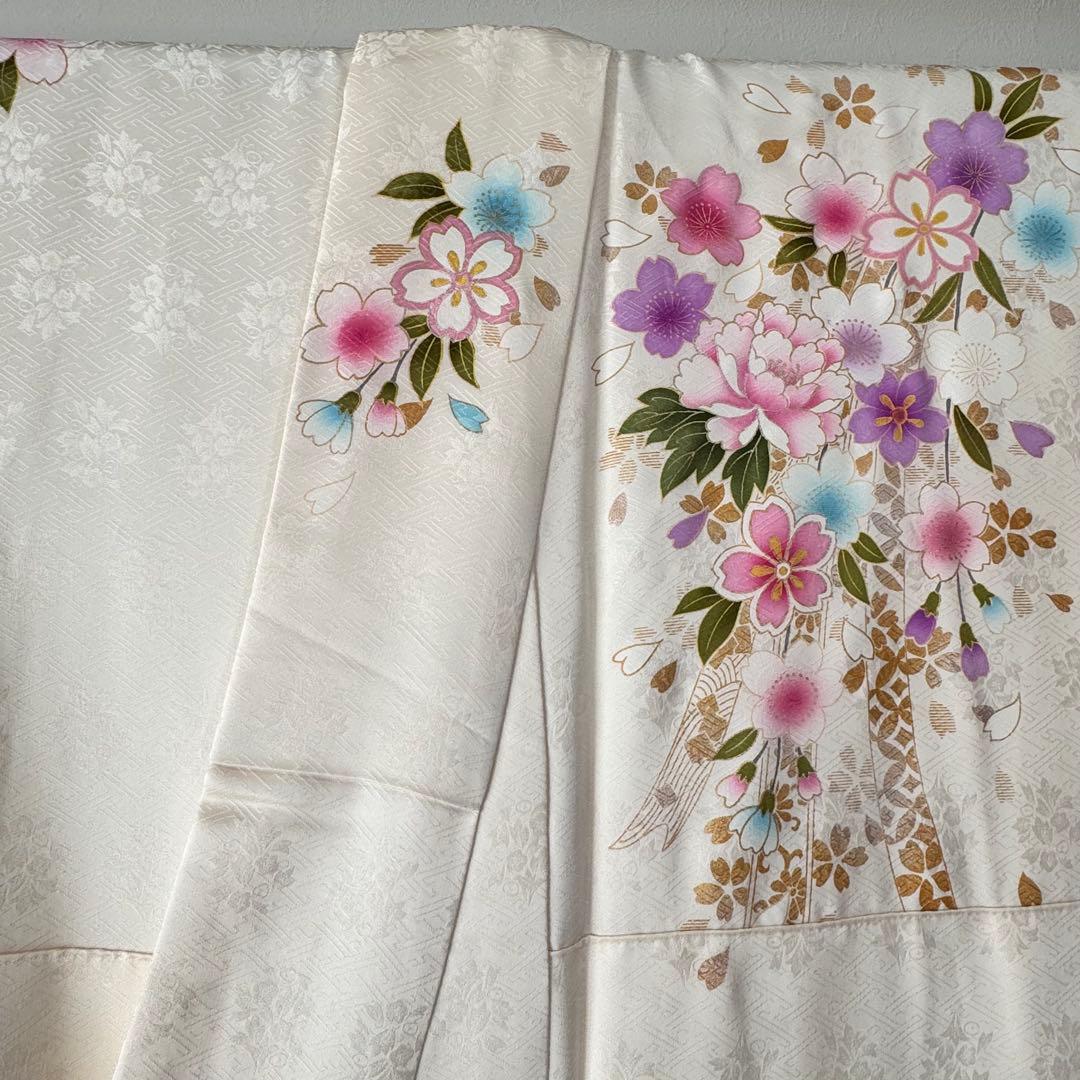 超美品　現代　振袖　成人式　着物　170裄70 白　ピンク　桜柄　トール