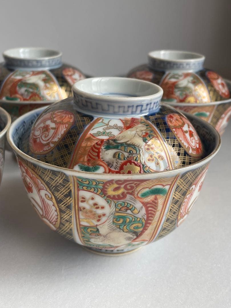 古伊万里 金蘭手柘榴図 蓋物 五客　お皿/蓋付き碗/茶碗/蓋付き/飯碗/お碗50