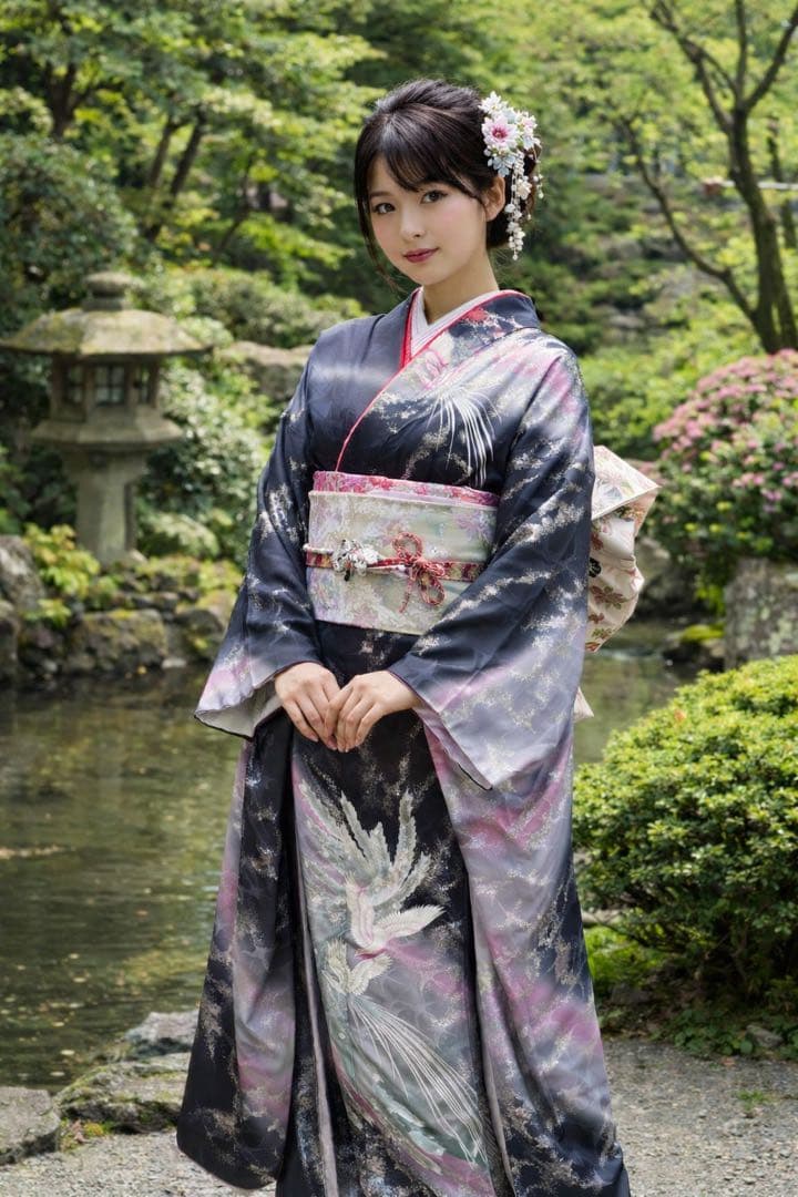 振袖 正絹 グレーぼかし 地紋鶴 孔雀 金銀彩 鈴乃屋ガード 成人式