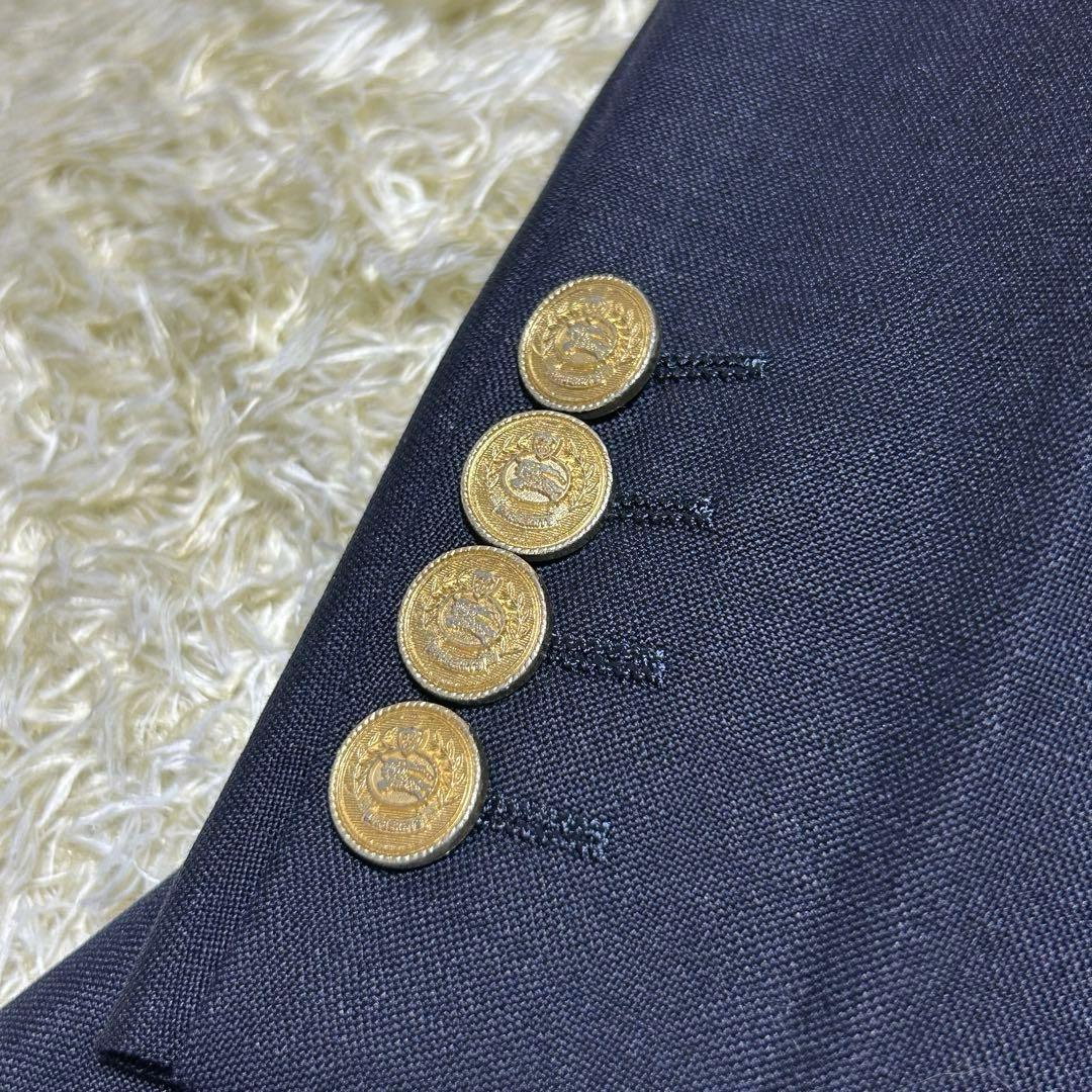 【美品ウールモヘヤ L】バーバリー　紺ブレ　金ボタン　ホースロゴ　総柄　ダブル