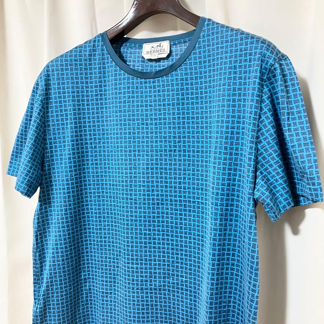 エルメス Tシャツ XL Hロゴ 総柄 ブルー 半袖 HERMES