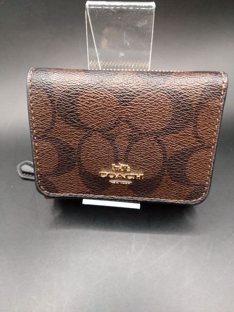 COACH コーチ 三つ折り財布 シグネチャー ダークブラウン コンパクト