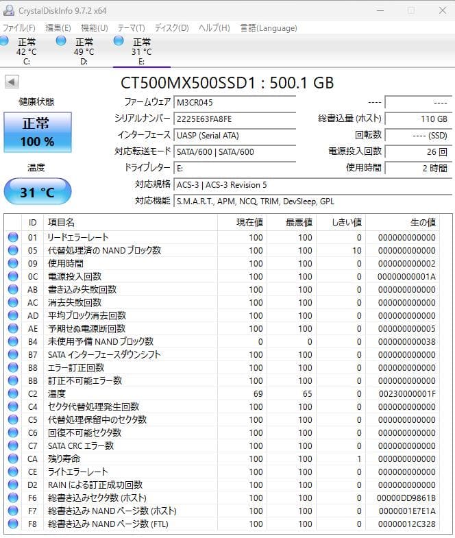 crucial MX500 500GB 2.5インチSSD ほぼ未使用