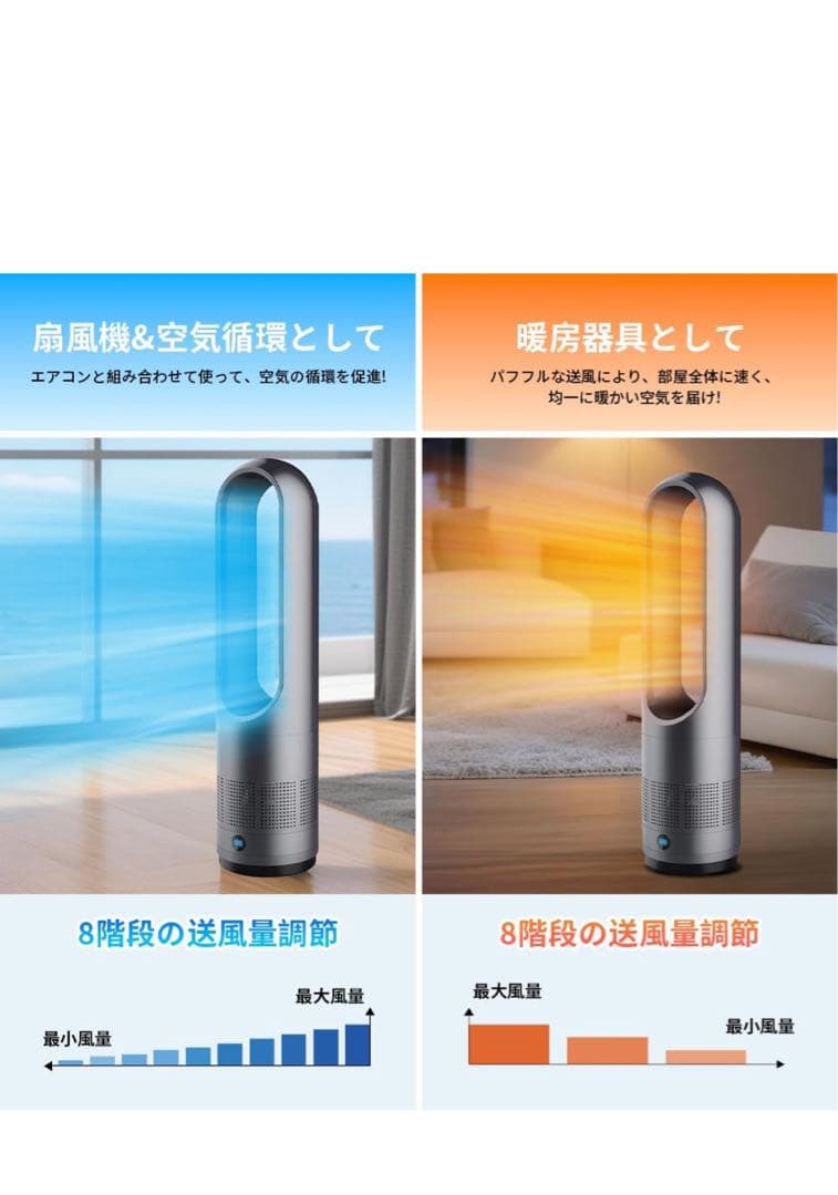 新品 タワーファン 扇風機 セラミックヒ一タ一 スリム、冷暖両用、羽根なし