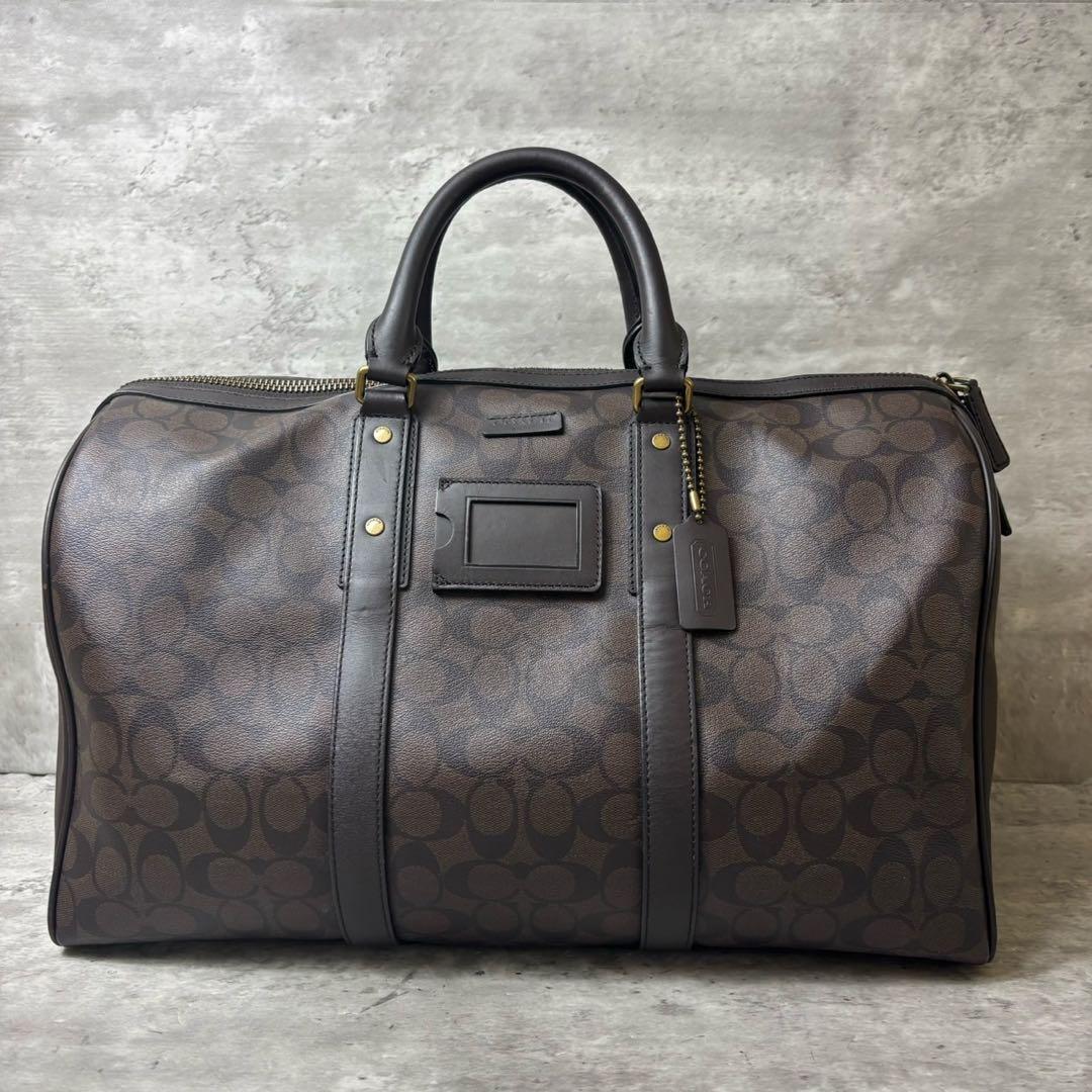 【美品】コーチ 2way ボストンバッグ 南京錠 鍵 シグネチャー メンズ 茶
