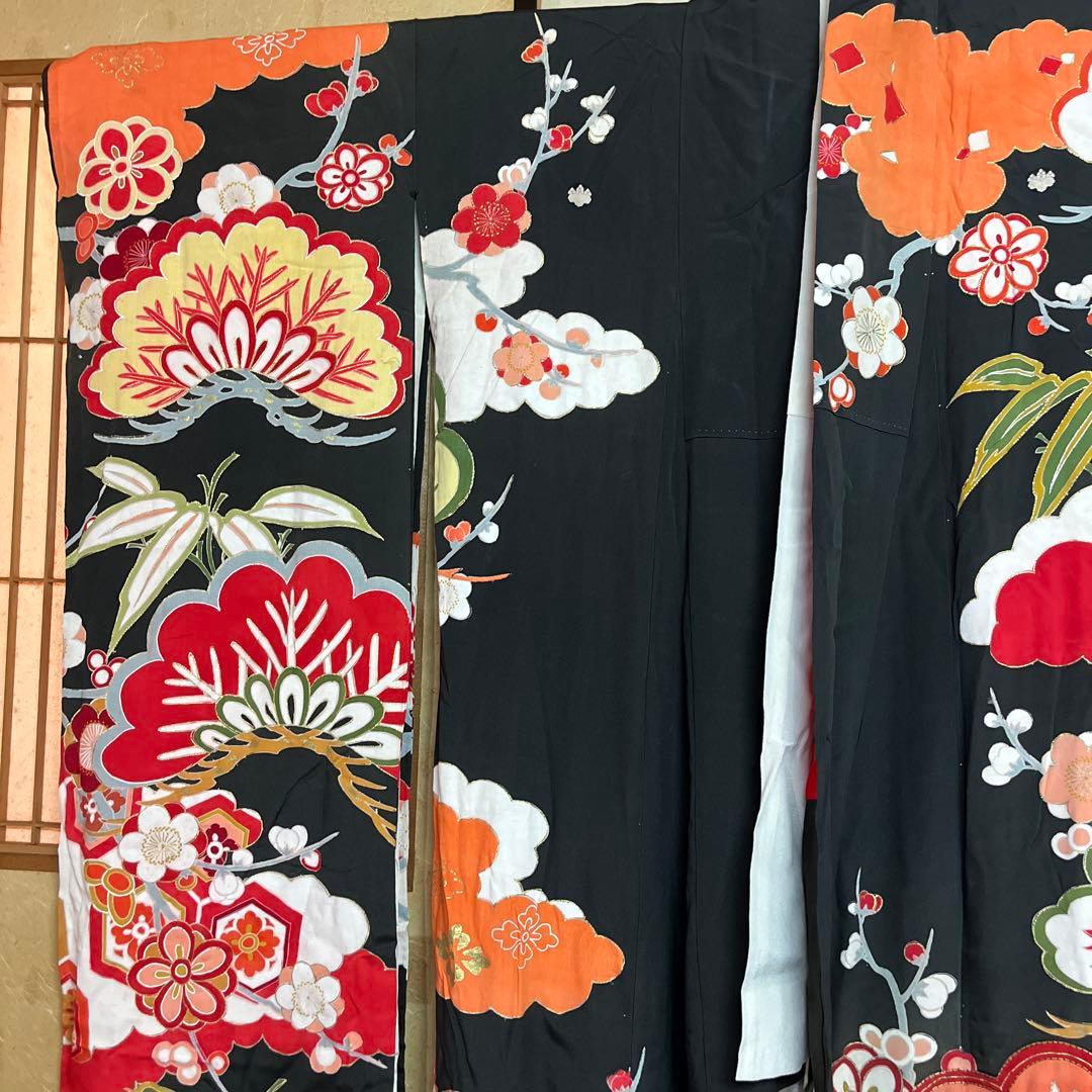 OK2 振袖 黒地 花柄　昭和初期　ビンテージ　リメイク向き