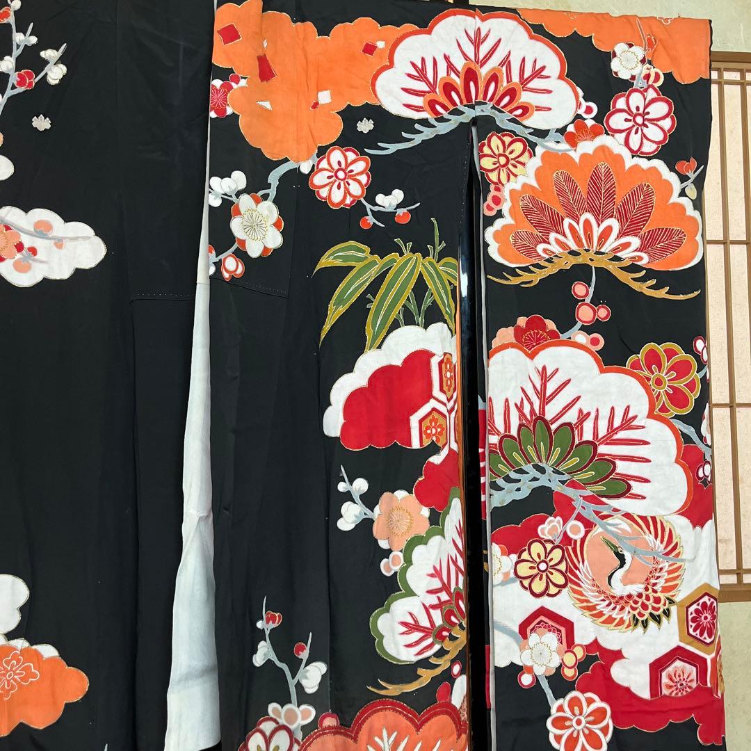 OK2 振袖 黒地 花柄　昭和初期　ビンテージ　リメイク向き