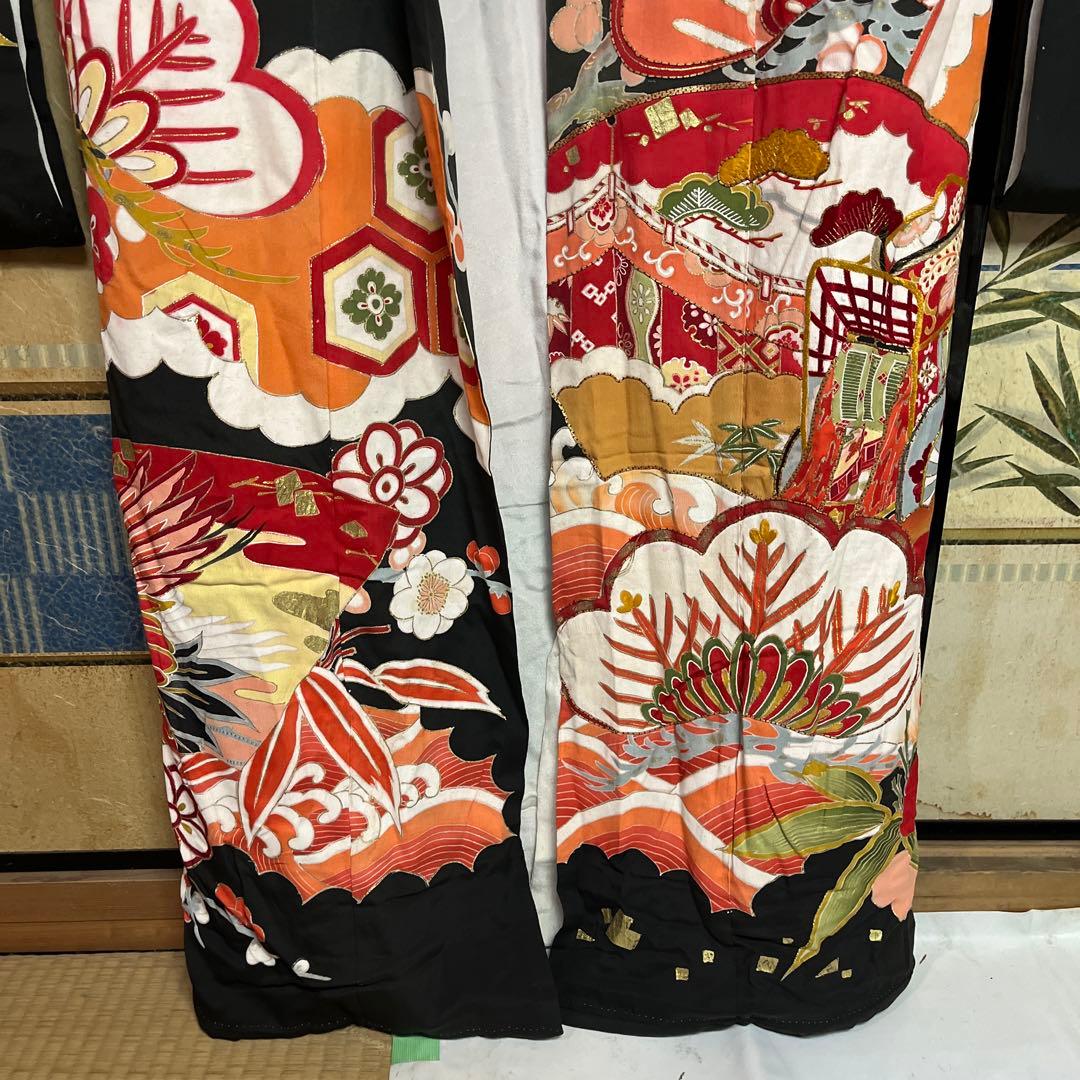 OK2 振袖 黒地 花柄　昭和初期　ビンテージ　リメイク向き