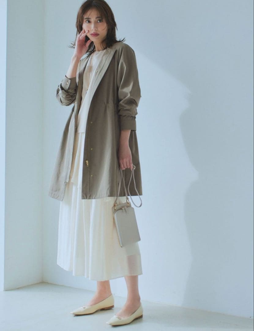 【23区】【2024春】【撥水加工】ライトツイル ノーカラーコート カーキ 38