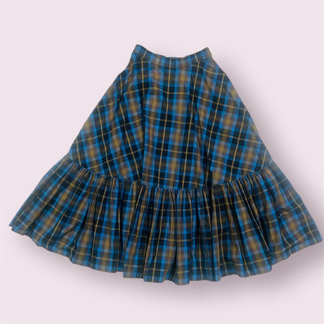 美品✨カレンソロジー チェックティアードスカート マキシ丈 洗える ブルー 38